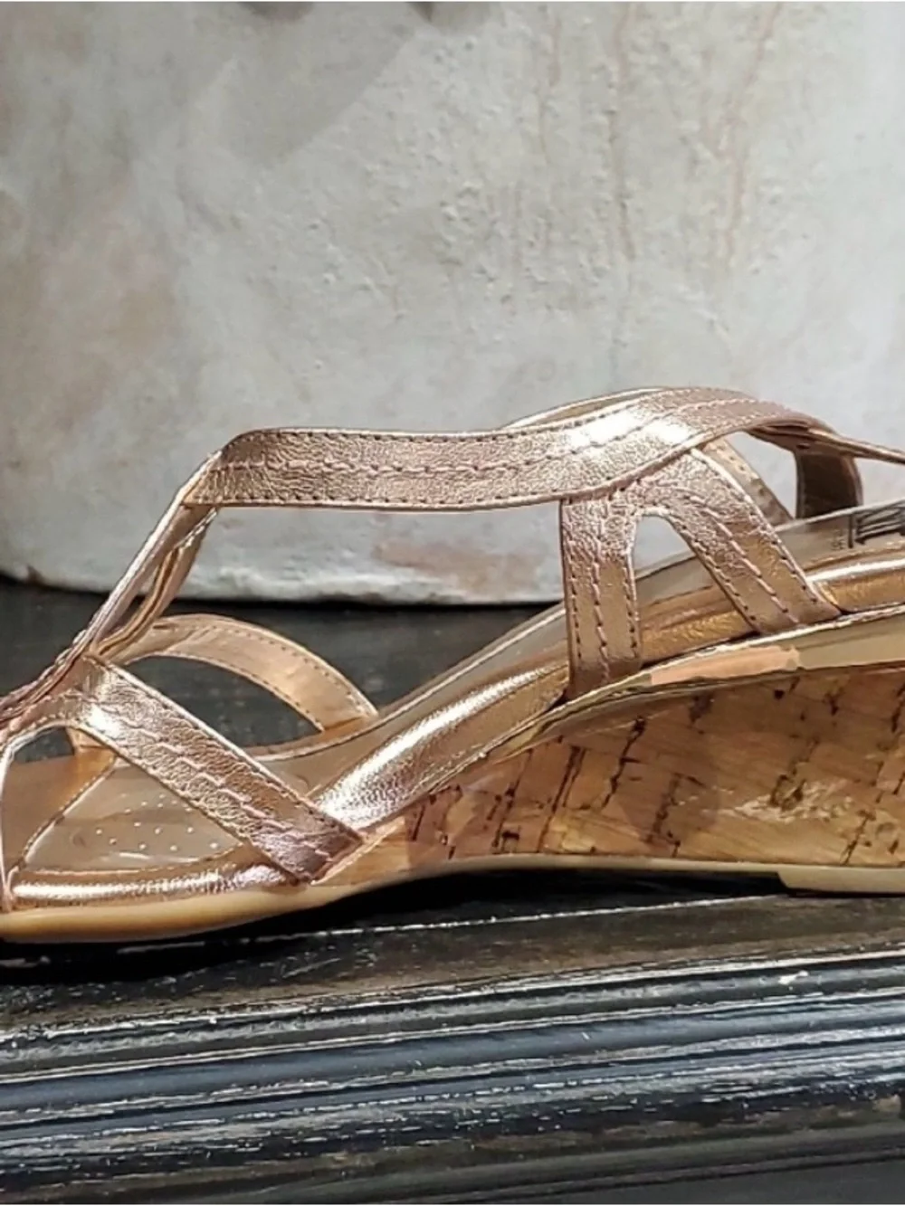 Sofft Metallic Cork Wedge Sandals Leather Rose Gold Paharita Summer Coastal